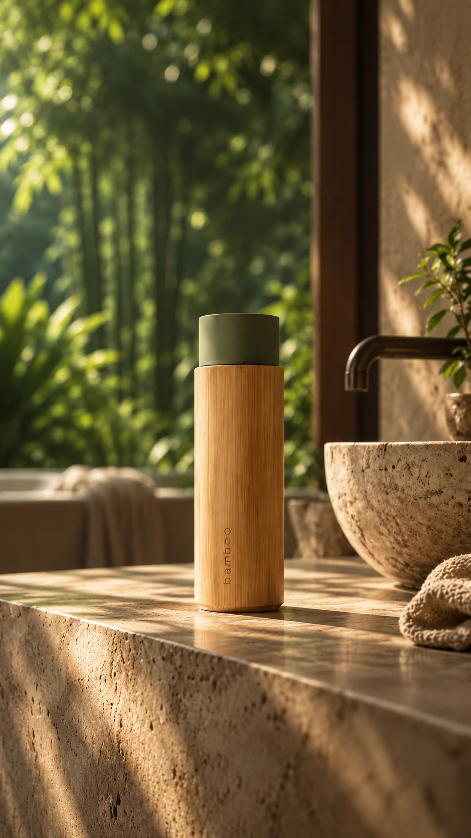 Bamboo bottle in a warm stone bathroom
